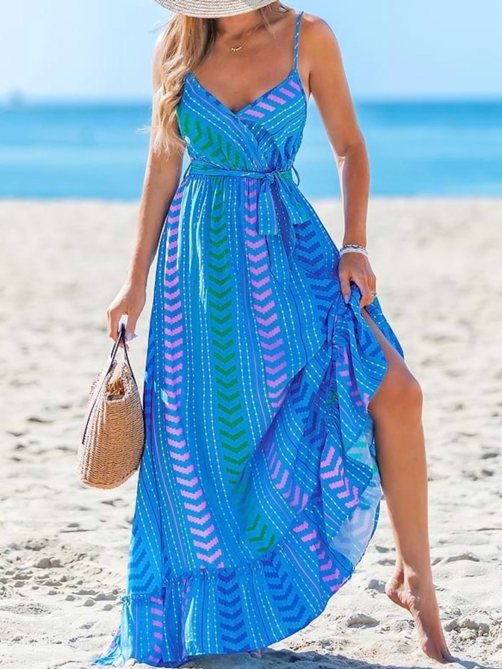 Cupshe Moonlit Stroll Blue Boho Maxi Dress Ruffle Hem Striped NWT Size Small - Picture 6 of 7